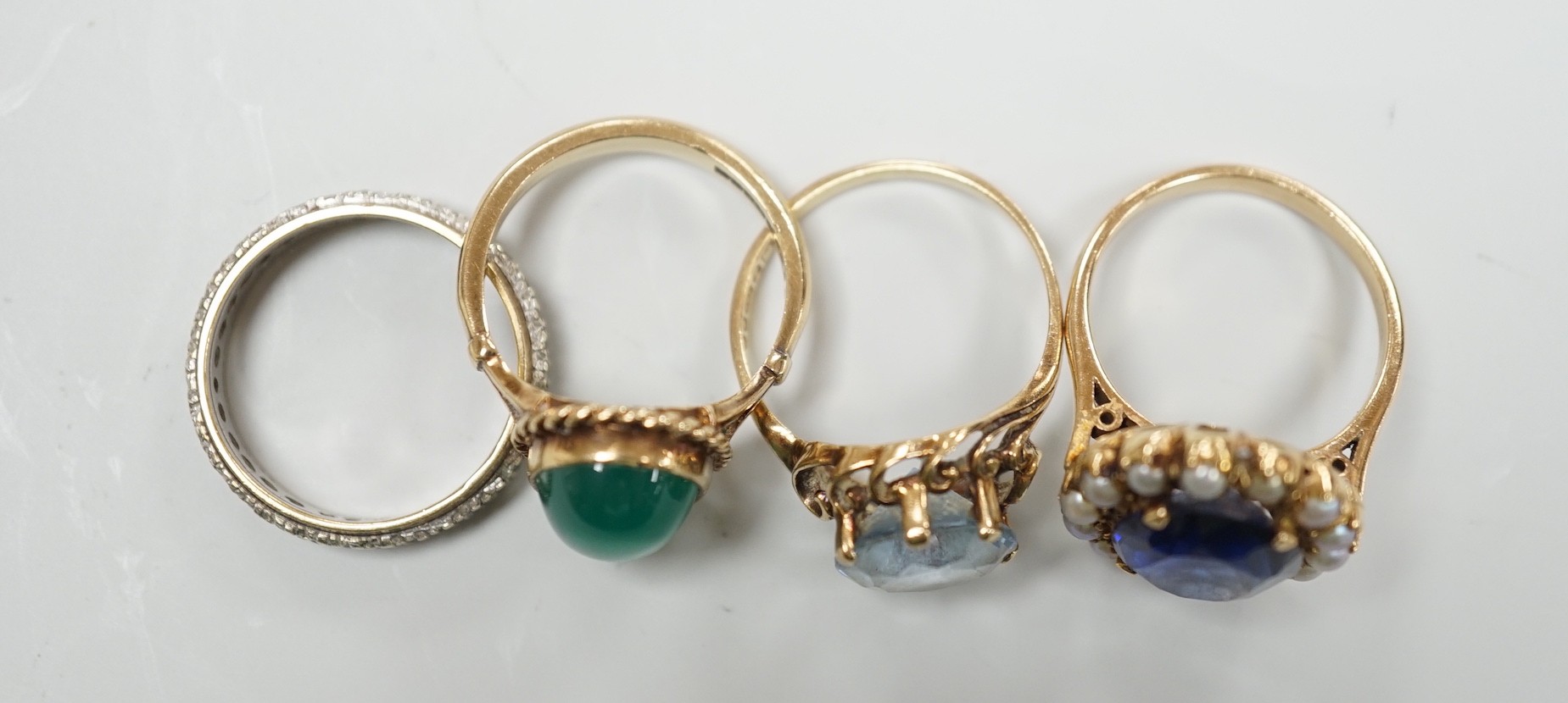 Four various 9ct and gem set dress rings, including chrysoprase cabochon, gross weight 13.3 grams.